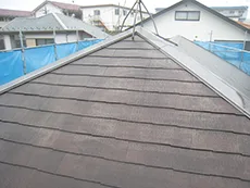 屋根には汚れが付着し、塗膜の剥がれが確認できました。